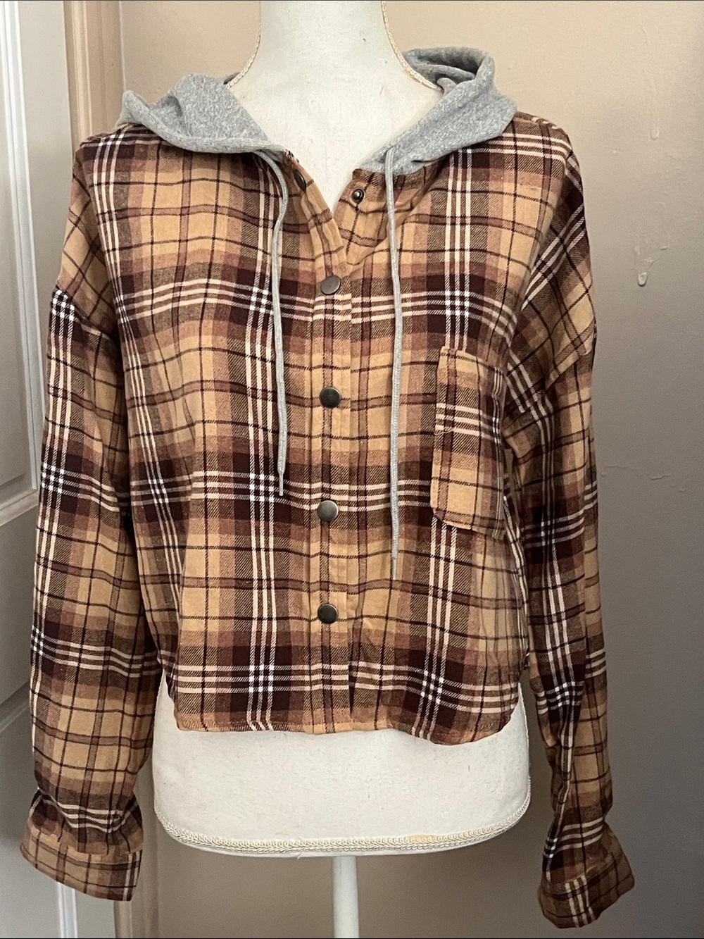 Ultra Flirt Brown Plaid Hooded Utility Jacket with Gray Hood